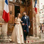 Couple de mariés souriant sur les marches d'une mairie française entourés de pétales de roses lors de leur sortie de cérémonie civile