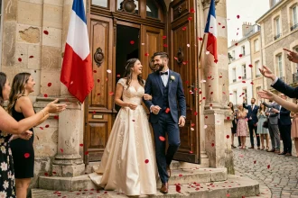 Couple de mariés souriant sur les marches d'une mairie française entourés de pétales de roses lors de leur sortie de cérémonie civile