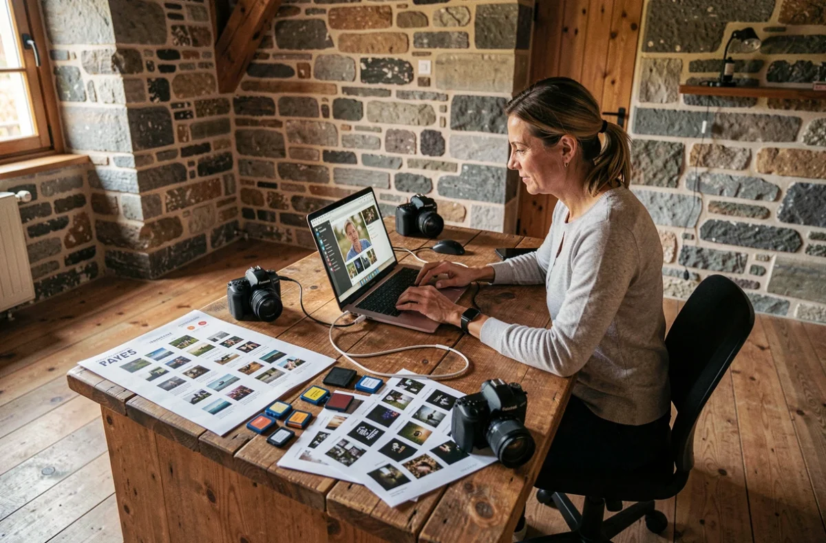 Studio photo professionnel installé dans un bâtiment en pierre à Ancenis avec photographe retouchant ses clichés