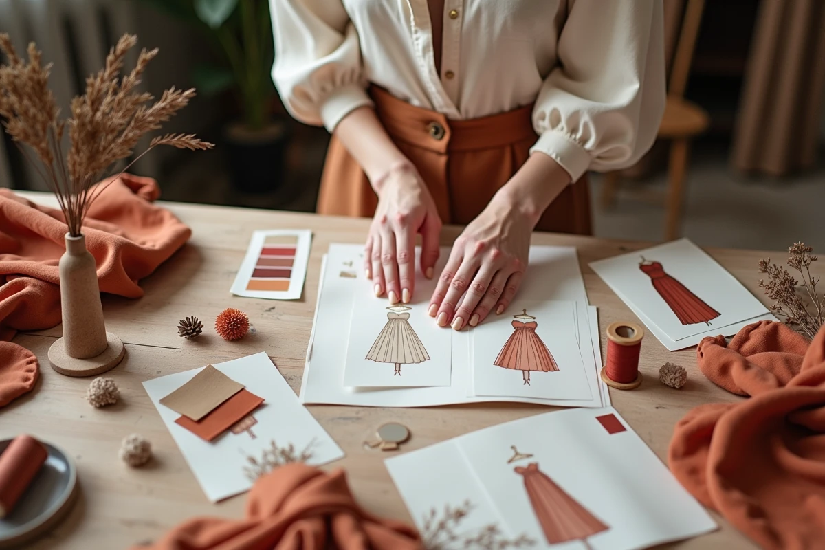 Styliste mariage arrangeant des échantillons de tissus et des palettes de couleurs sur une table d'atelier, illustrant le processus d'harmonisation entre la robe de mariée et le thème chromatique du mariage