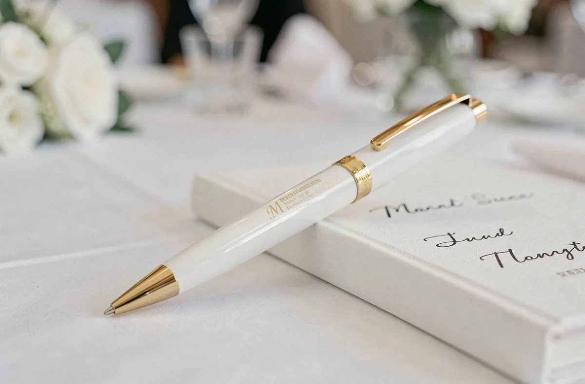 Stylo élégant à clip doré posé sur une nappe blanche lors d'une réception de mariage