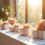 Table de mariage élégante avec fleurs pastel et enveloppes