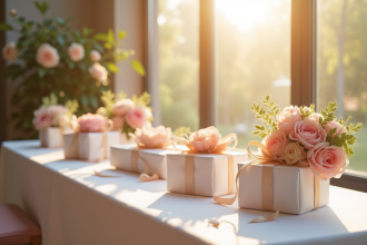 Table de mariage élégante avec fleurs pastel et enveloppes