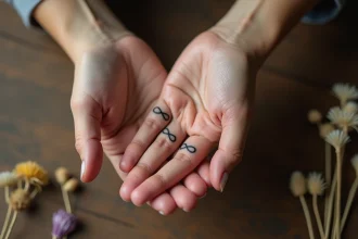 Deux mains entrelacées portant chacune un tatouage alliance infini sur l'annulaire, symbole d'engagement durable sans bague