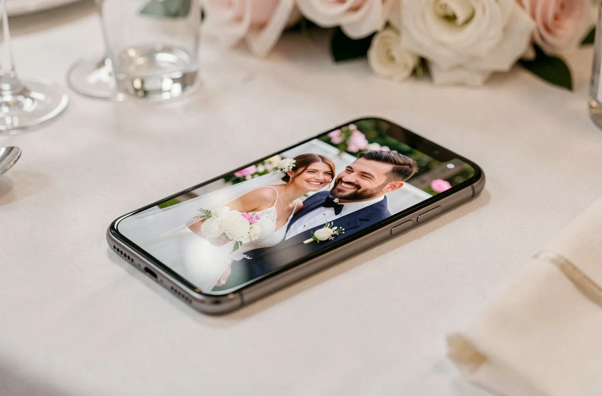 Téléphone portable affichant une photo des mariés posé sur une table de mariage