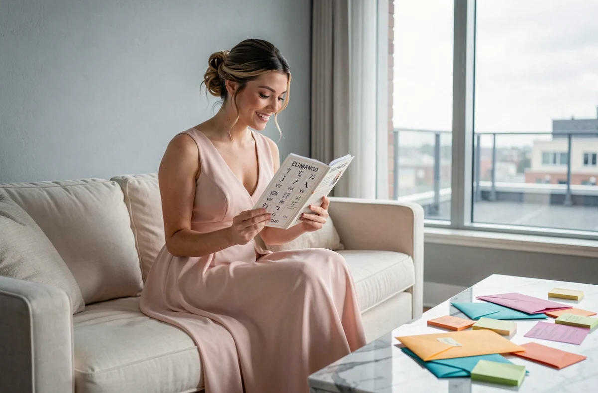 Témoin de mariage féminine lisant les scénarios du jeu des 12 mois dans un appartement moderne