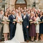 Couple de mariés entouré de nombreux témoins souriants sur les marches d'une église en pierre le jour du mariage