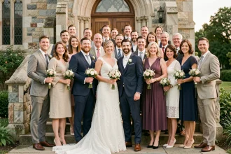 Couple de mariés entouré de nombreux témoins souriants sur les marches d'une église en pierre le jour du mariage