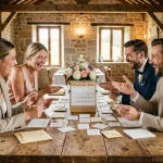 Témoins de mariage réunis autour d'une table rustique pour organiser le jeu des 12 mois avec des cartes de scénarios