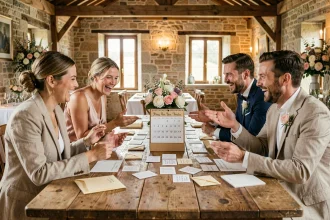 Témoins de mariage réunis autour d'une table rustique pour organiser le jeu des 12 mois avec des cartes de scénarios