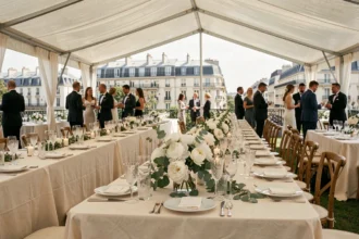 Grande réception de mariage parisienne avec tables dressées sous une marquise blanche, vaisselle raffinée et vue sur les toits haussmanniens