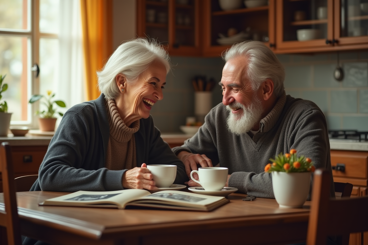 Vieux couple riant autour d un café dans la cuisine