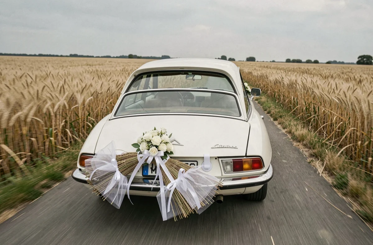 Voiture de mariage vintage avec balai traditionnel fixé sans dommage sur le cadre de plaque d'immatriculation en route dans la campagne française