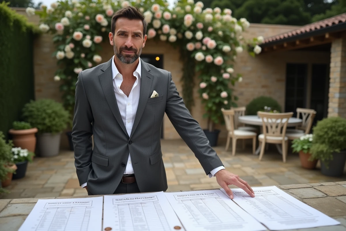 Wedding planner masculin présentant un tableau des forfaits et tarifs de prestation dans un domaine de mariage en plein air