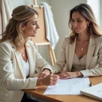 Wedding planner et future mariée en réunion autour d'un devis tarifaire dans un studio de planification de mariage moderne